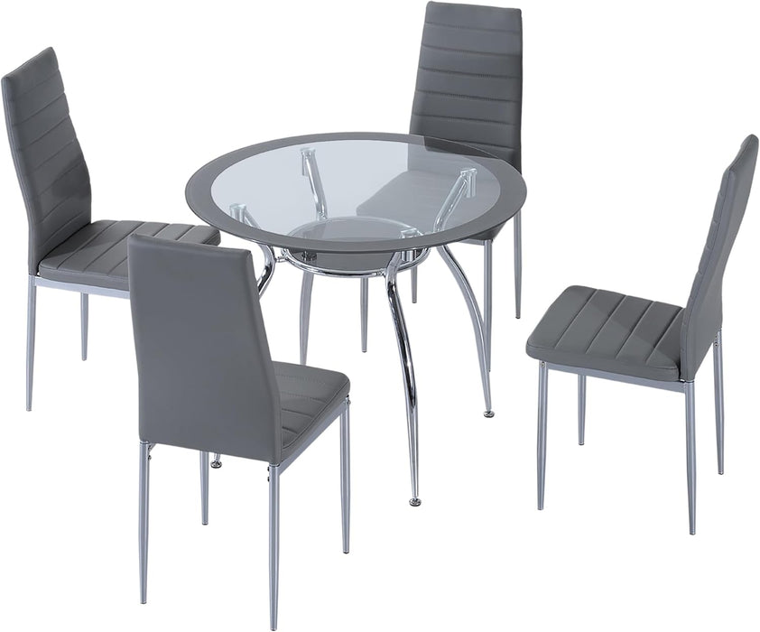 Five-Piece Dining Set, with Padded Chairs and Glass-Top Table - Grey