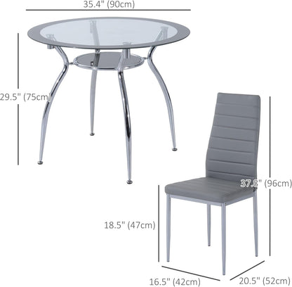 Five-Piece Dining Home Set, with Padded Chairs and Glass-Top Table - Grey
