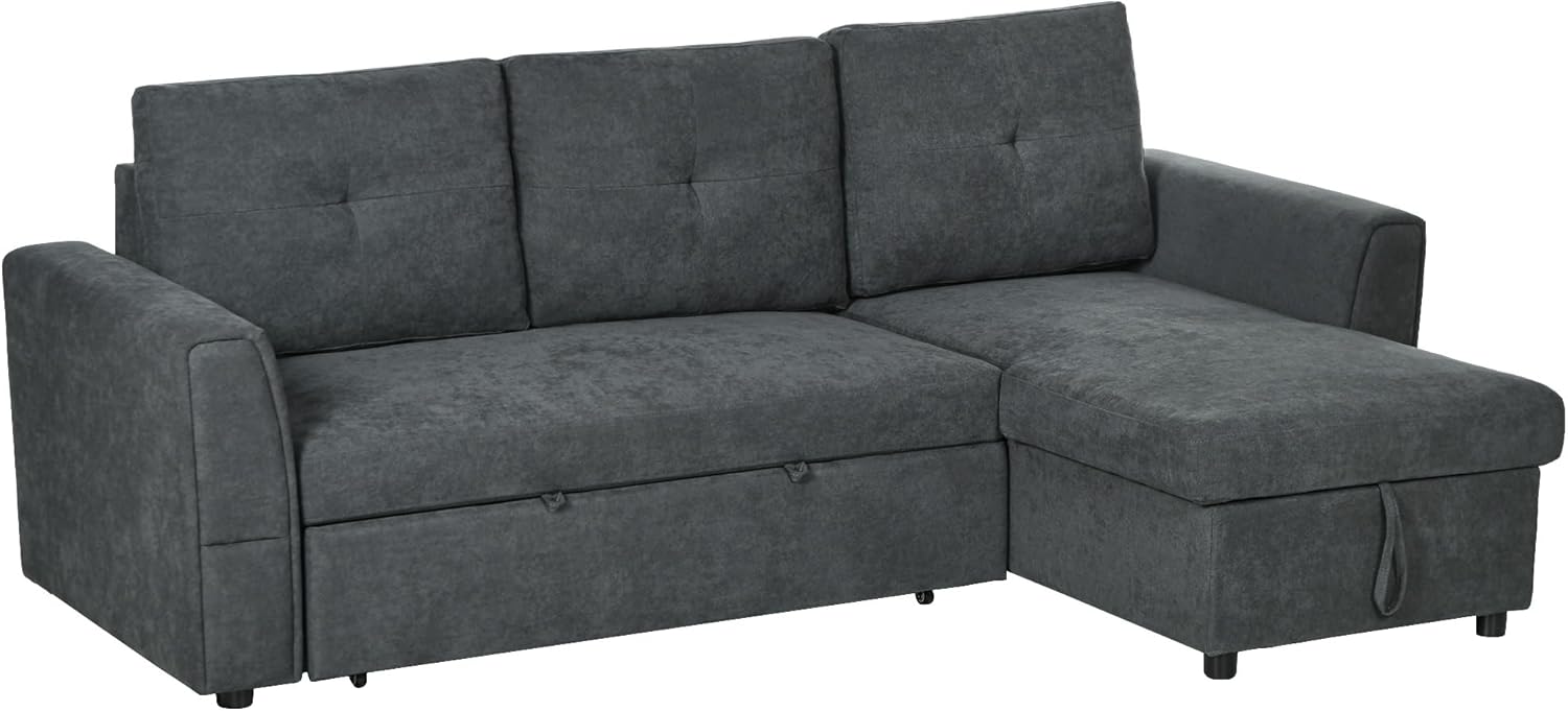 3 Seater Sofa Bed, L-Shaped Corner Sofa, Pull Out Sofa with Storage, Convertible Click Clack Settee Sectional Sleeper Futon for Living Room, Office, Dark Grey