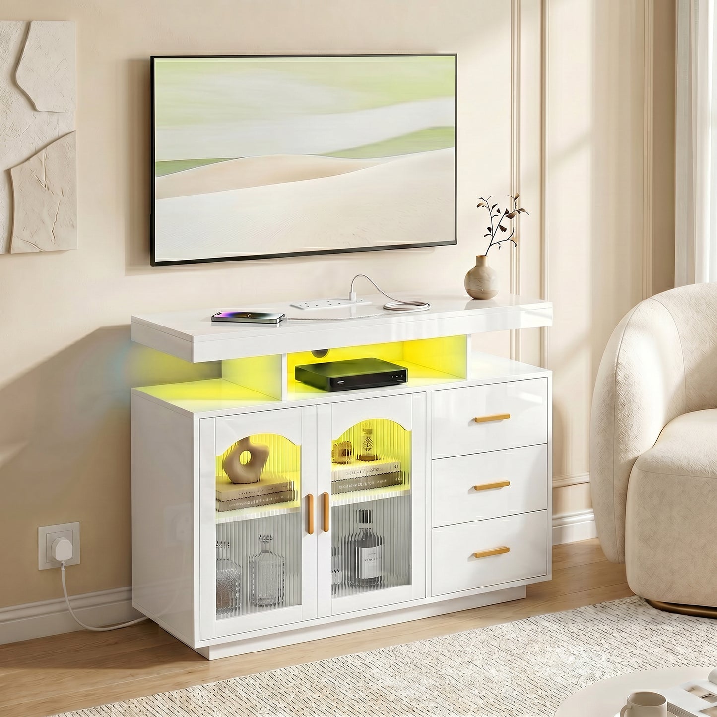High Gloss Sideboard with LED Lights, Built-in Power Outlets, Modern Storage Cabinet with 3 Drawers, Shelves and 2 Acrylic Doors, Soft-Close TV Stand Unit for 72-Inch TVs, Living Room, White