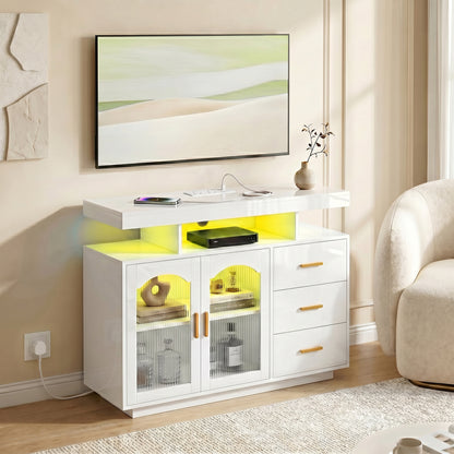 High Gloss Sideboard with LED Lights, Built-in Power Outlets, Modern Storage Cabinet with 3 Drawers, Shelves and 2 Acrylic Doors, Soft-Close TV Stand Unit for 72-Inch TVs, Living Room, White