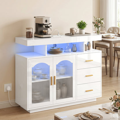 High Gloss Sideboard with LED Lights, Built-in Power Outlets, Modern Storage Cabinet with 3 Drawers, Shelves and 2 Acrylic Doors, Soft-Close TV Stand Unit for 72-Inch TVs, Living Room, White