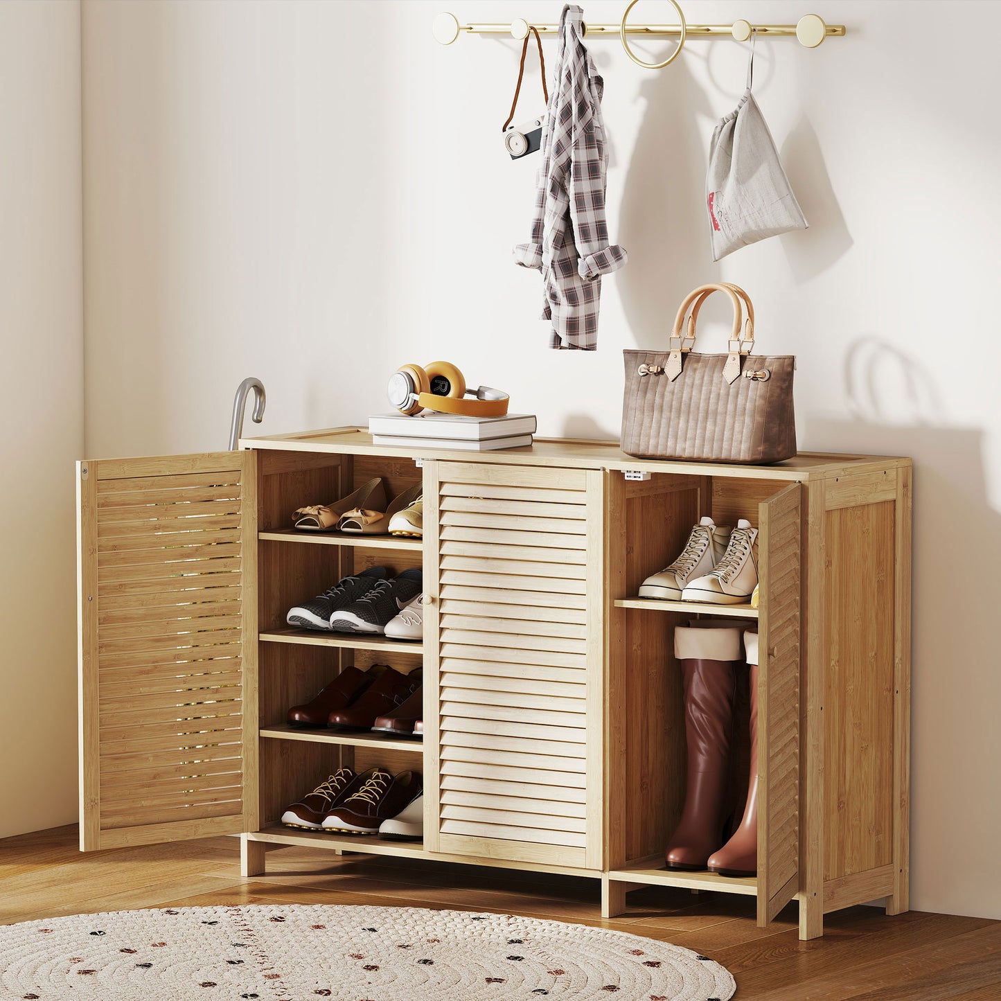 Bamboo Shoe Cabinet with Louvered Doors 18 Pairs Shoe Storage Cabinet