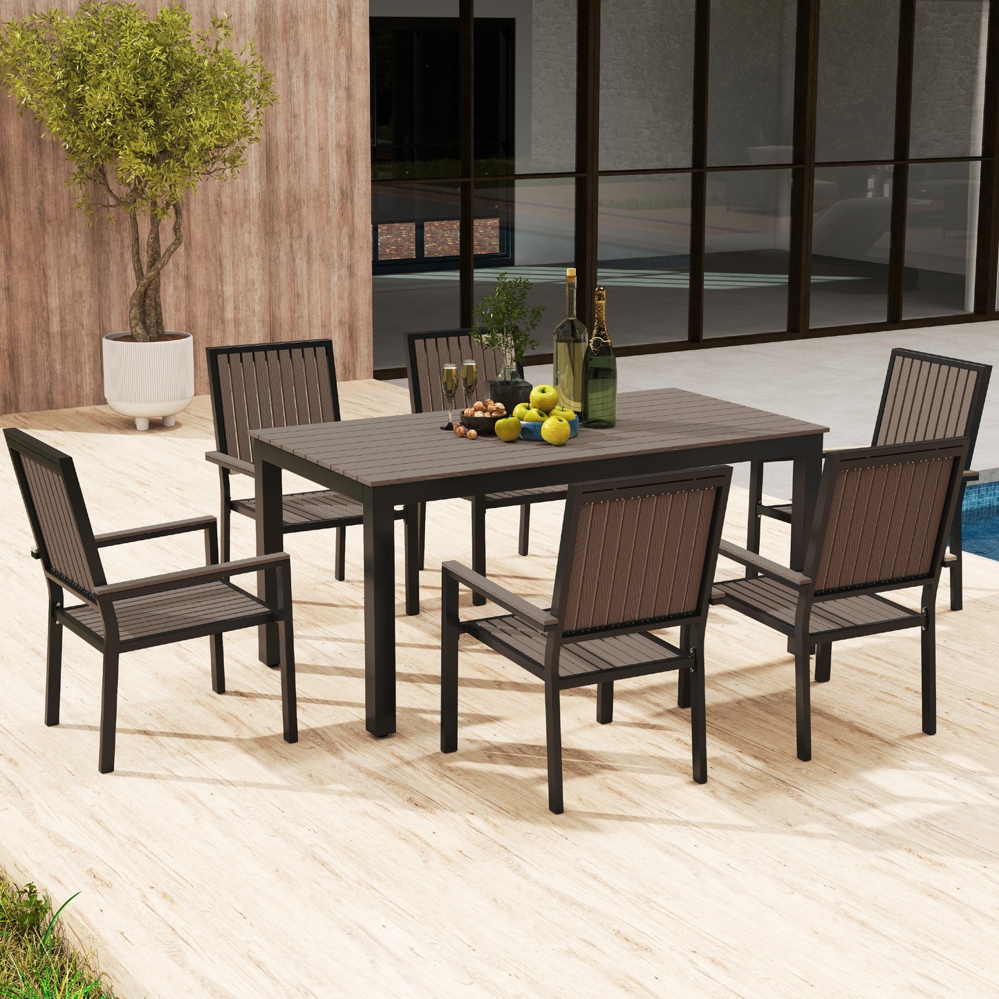 6 Seater Aluminium Garden Dining Set with Stackable Chairs, Brown