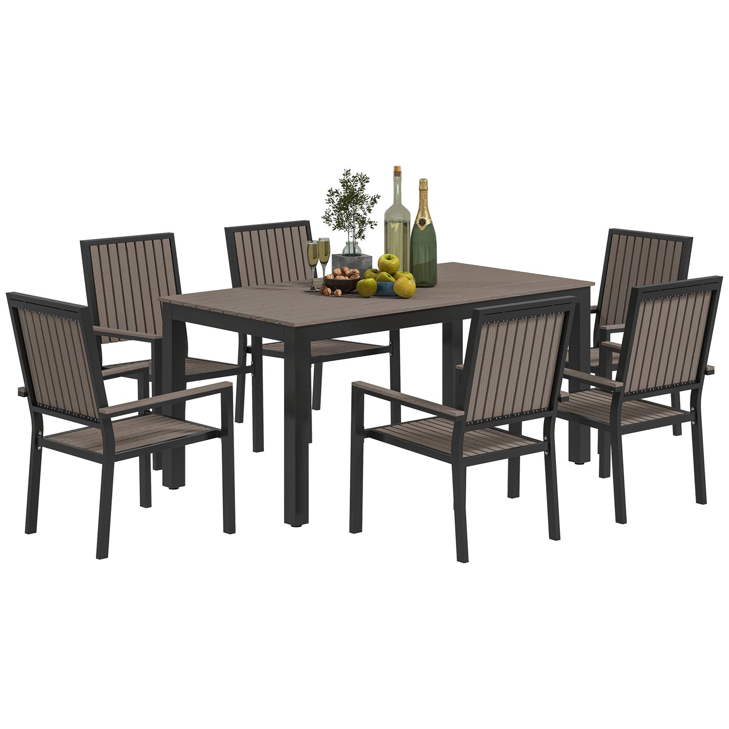 6 Seater Aluminium Garden Dining Set with Stackable Chairs, Brown