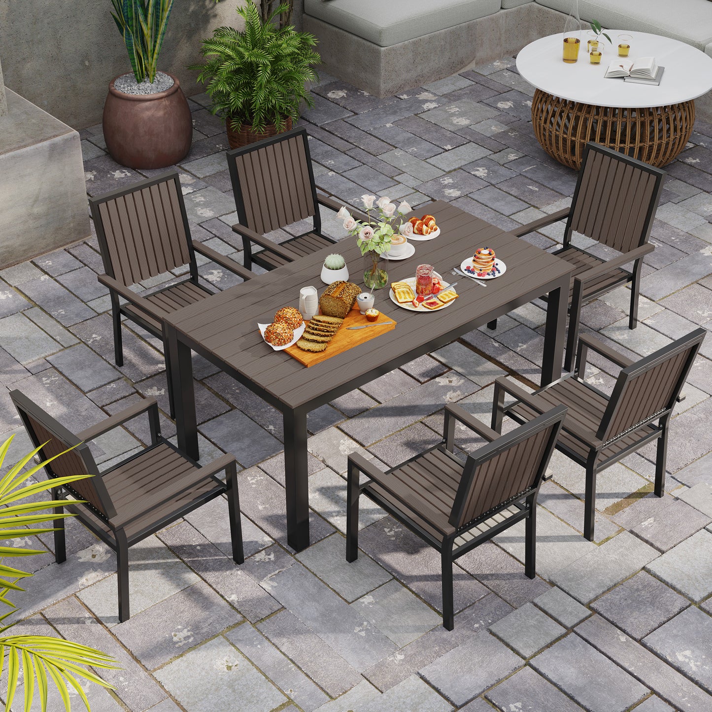 6 Seater Aluminium Garden Dining Set with Stackable Chairs, Brown
