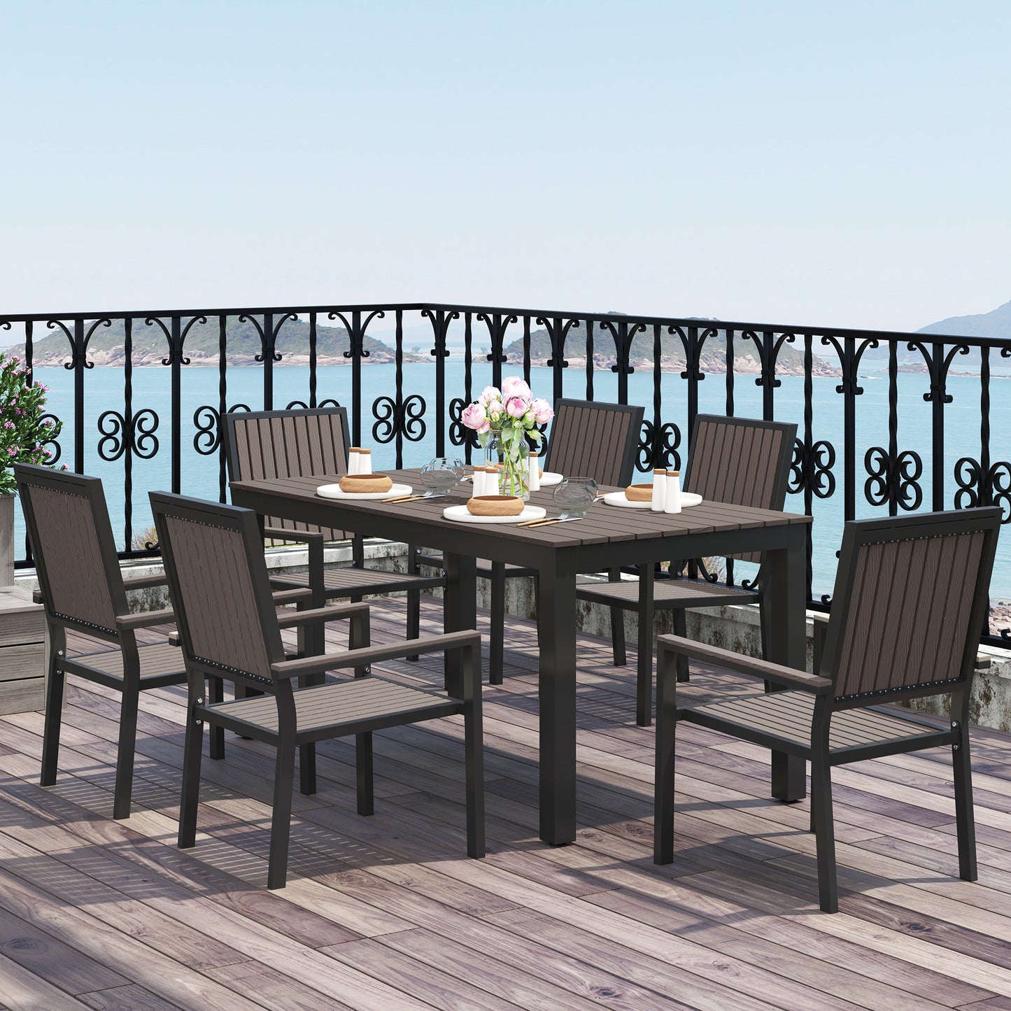 6 Seater Aluminium Garden Dining Set with Stackable Chairs, Brown