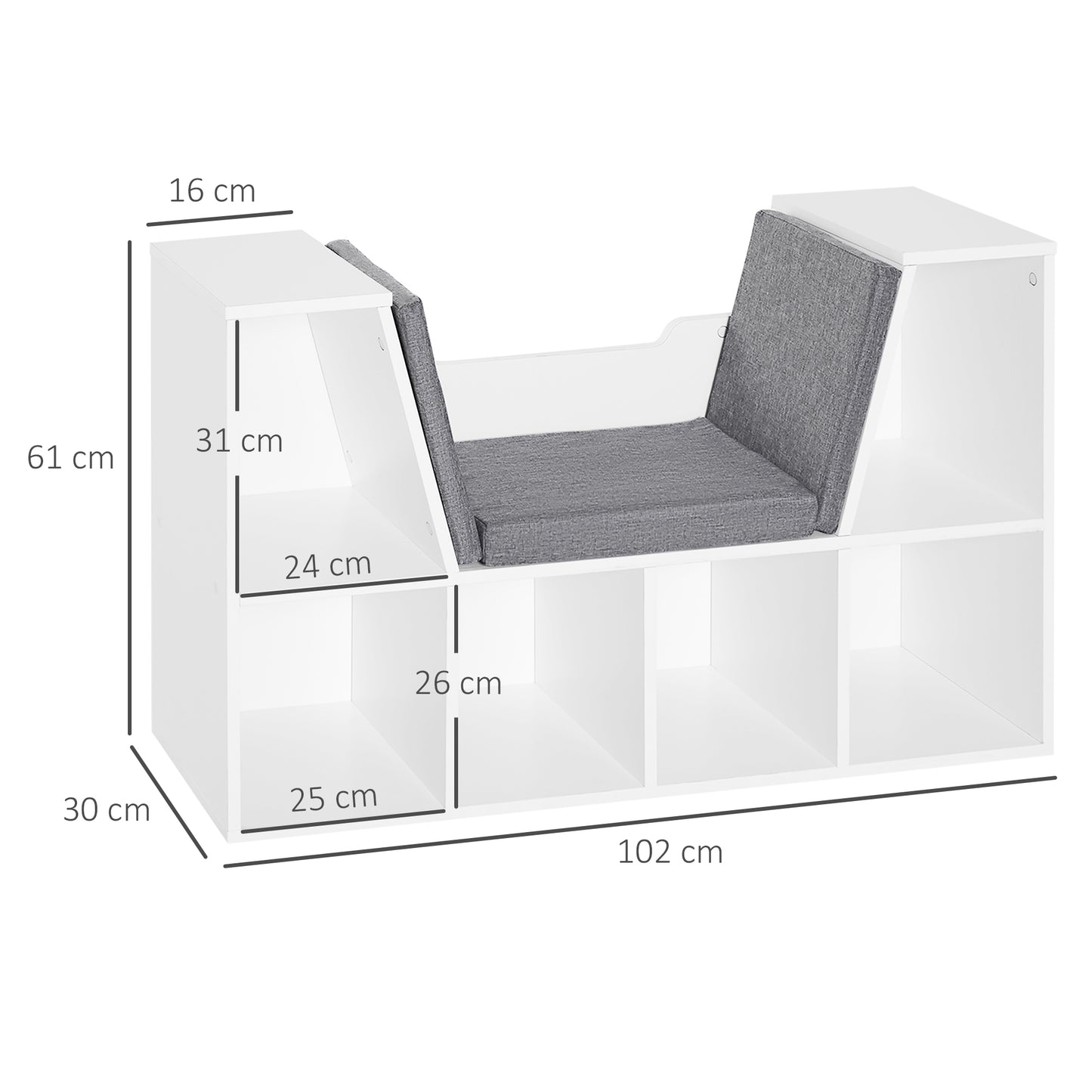 HOMCOM Bookcase Storage Shelf with Cushioned Reading Seat, Cube Bookshelf Organizer for Bedroom Living Room, White