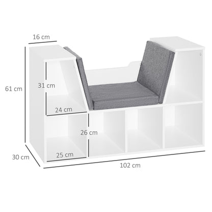 HOMCOM Bookcase Storage Shelf with Cushioned Reading Seat, Cube Bookshelf Organizer for Bedroom Living Room, White