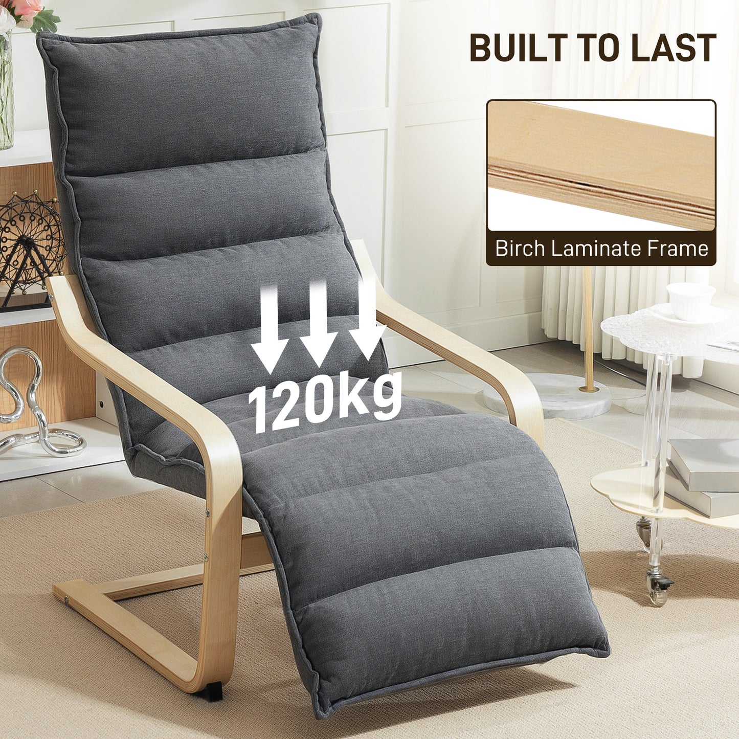 Birch Wood Lounge Chair for Living Room, Bedroom, Drak Grey