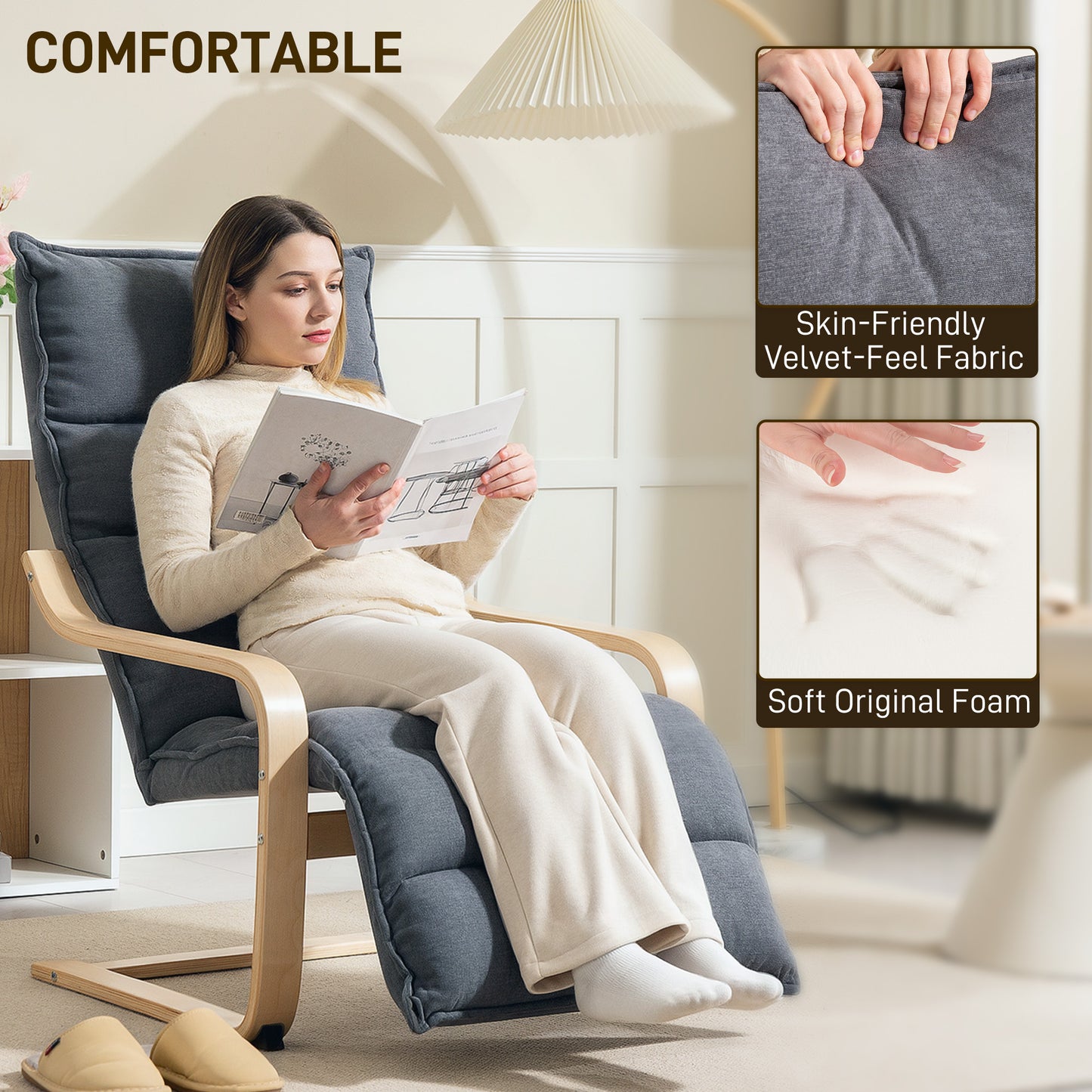 Birch Wood Lounge Chair for Living Room, Bedroom, Drak Grey