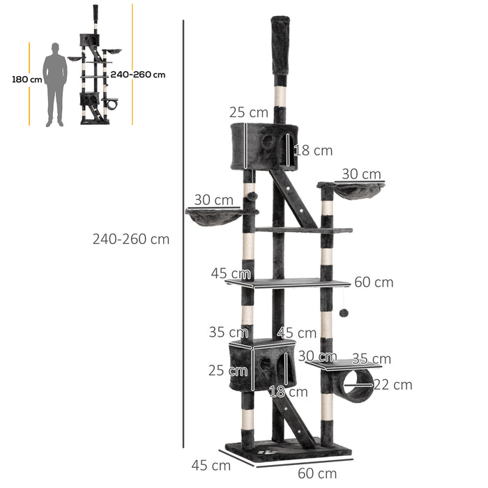 Floor to Ceiling Cat Tree for Indoor Cats 240-260cm Adjustable Height Grey