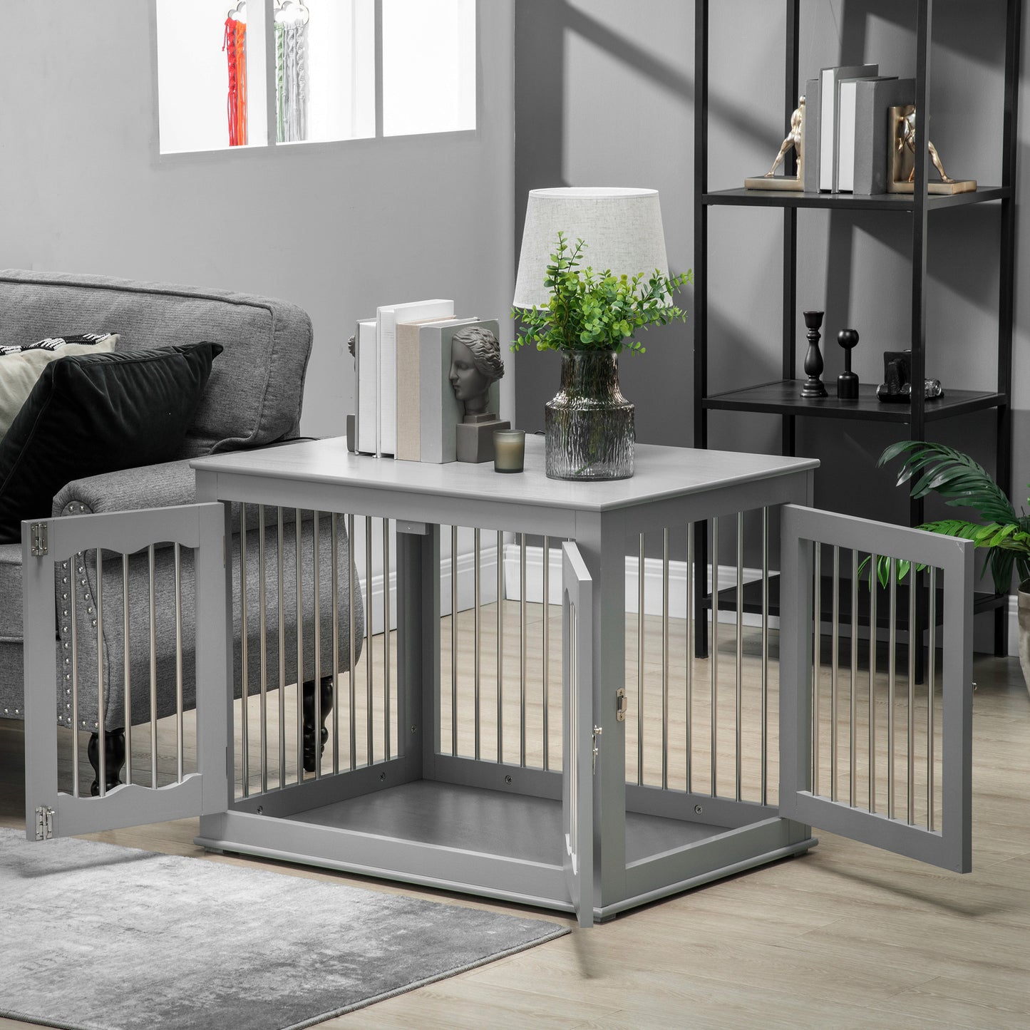 Dog Crate End Table w/ Three Doors, Furniture Style Dog Crate, for Medium Dogs, Indoor Use w/ Locks and Latches - Grey