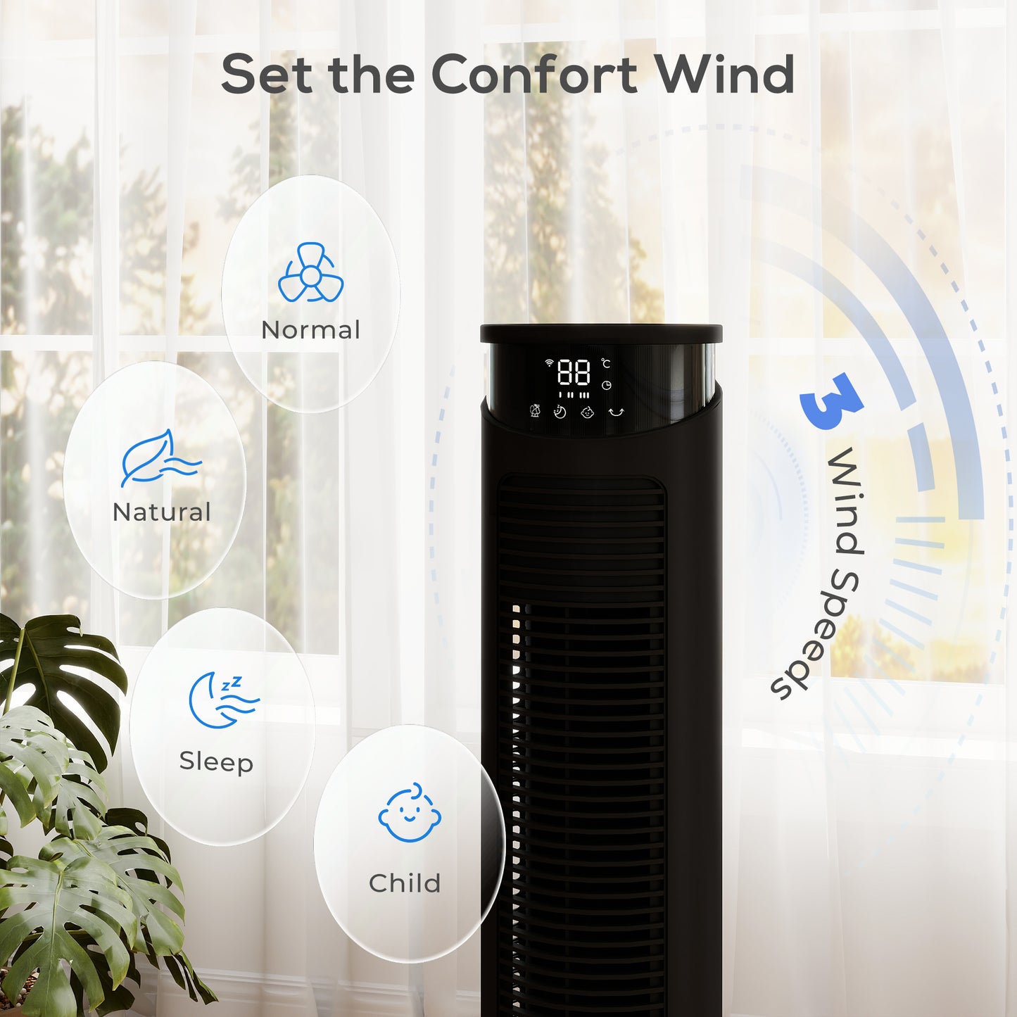 Tower Fan with WiFi Control 116 cm Black