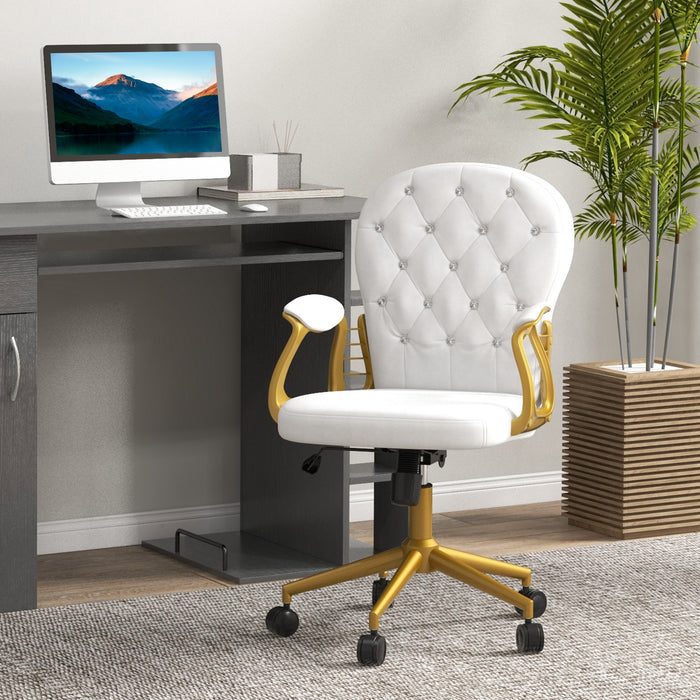 Height Adjustable Home Office Chair, Button Tufted Computer Chair with Padded Armrests and Tilt Function, Cream White