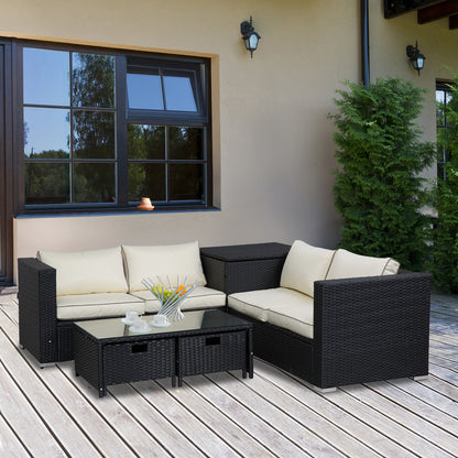 Outsunny 4 Pcs Rattan Wicker Garden Furniture Patio Sofa Storage & Table Set w/ 2 Drawers Coffee Table,Great Cushioned 4 Seats Corner Sofa - Black