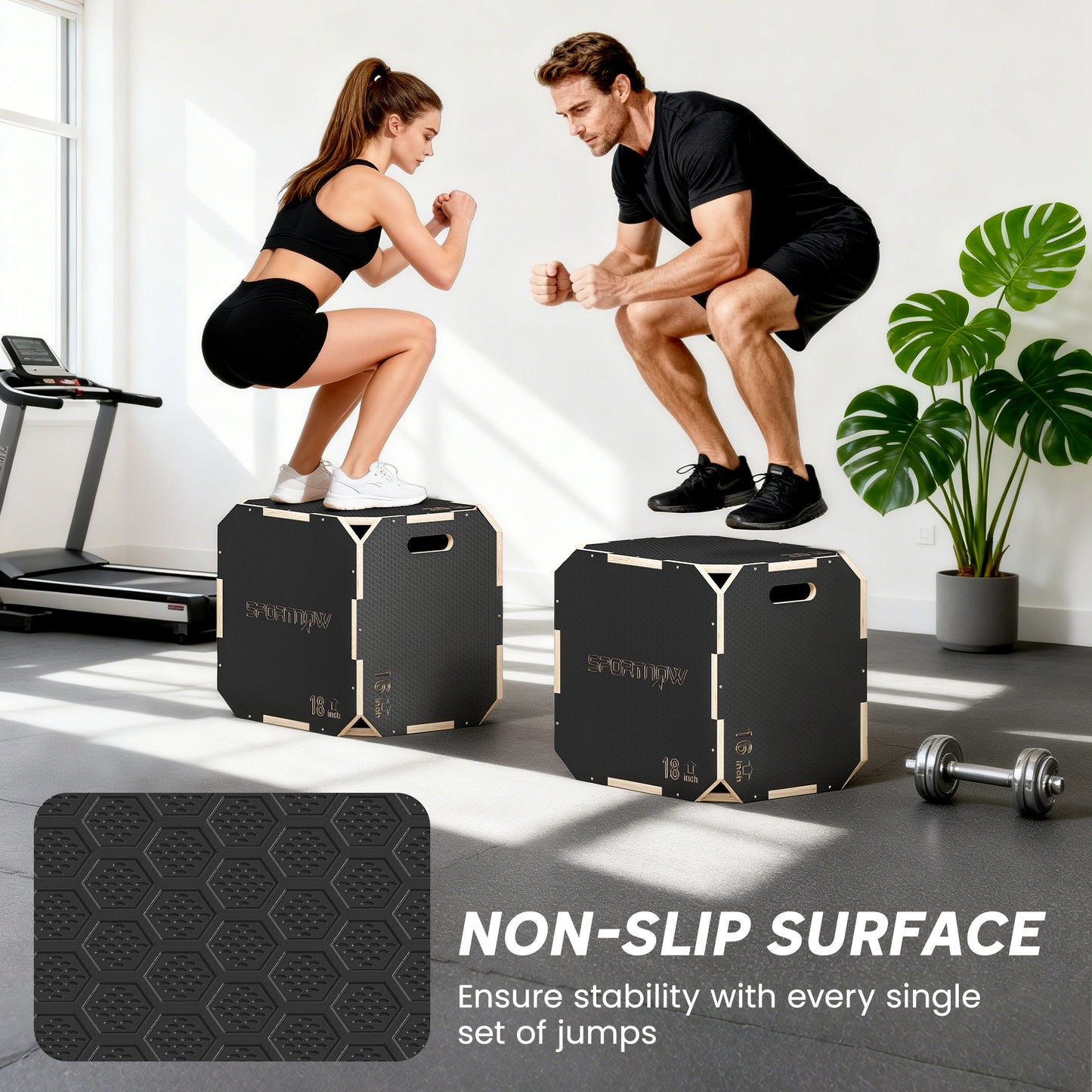 Non-Slip Plyo Box, Corner-free Wooden Jump Box, 41 x 51 x 48 cm