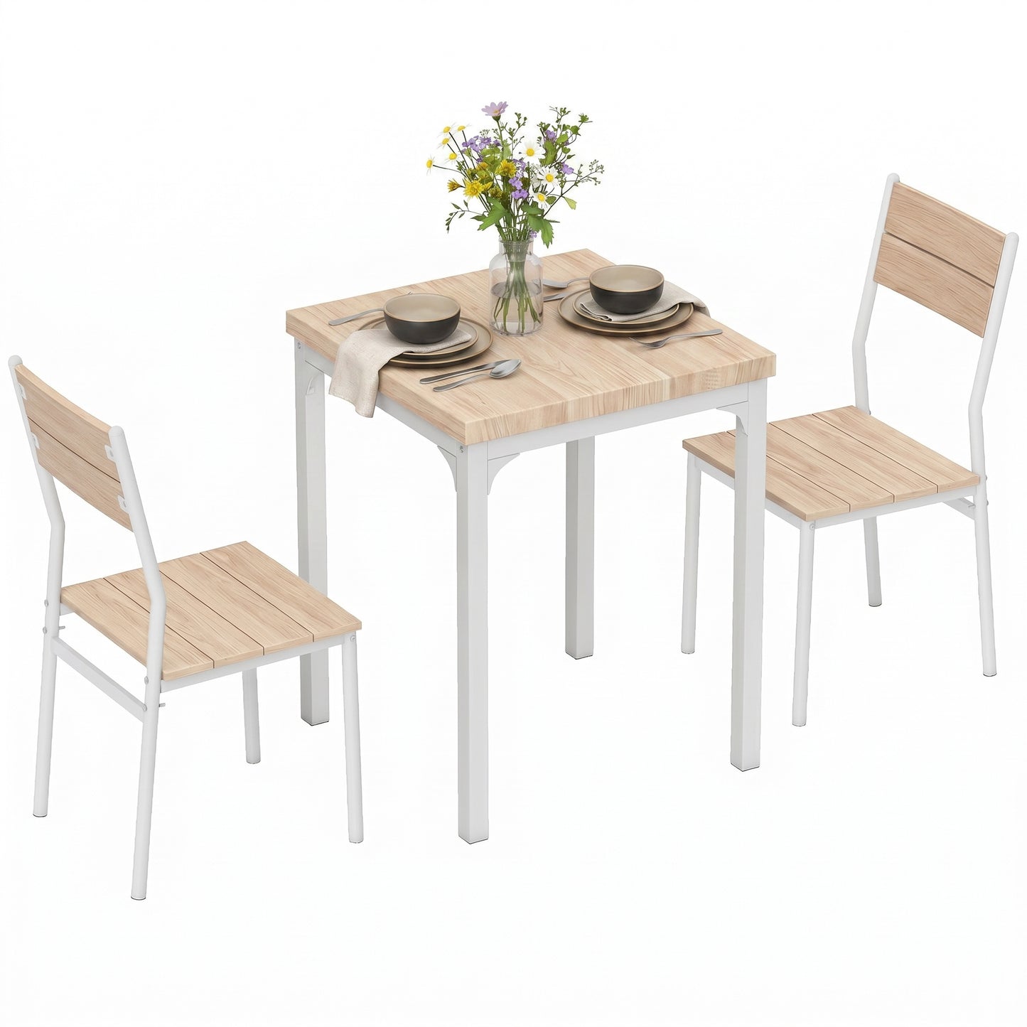 3 Pcs Compact Dining Table 2 Chairs Set, Oak Wood Effect