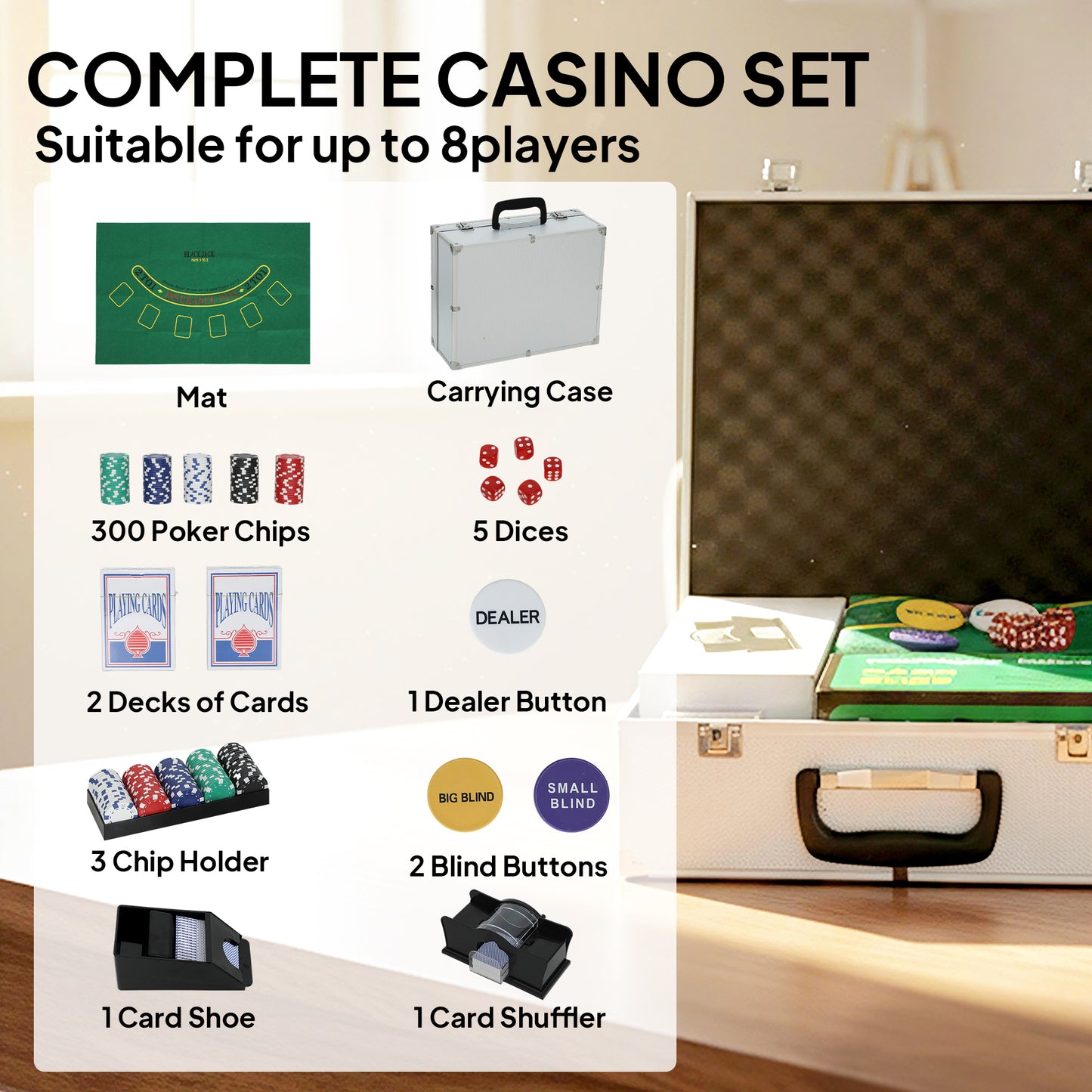 300-Piece Poker Chips Set with Card Shuffler, Card Shoe, ABS Case, Casino Texas Holdem Poker Set with Mat, 11.5g Poker Chips, Two Decks of Cards, Dealer, Blind Buttons, Five Dices, Silver