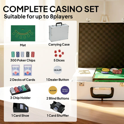 300-Piece Poker Chips Set with Card Shuffler, Card Shoe, ABS Case, Casino Texas Holdem Poker Set with Mat, 11.5g Poker Chips, Two Decks of Cards, Dealer, Blind Buttons, Five Dices, Silver