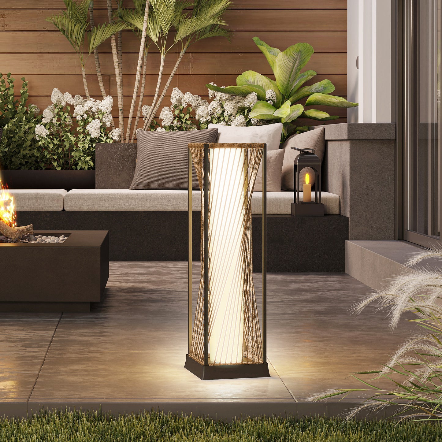 Rattan Solar Floor Lamp, Auto On/Off  Garden Lights, Sand Brown