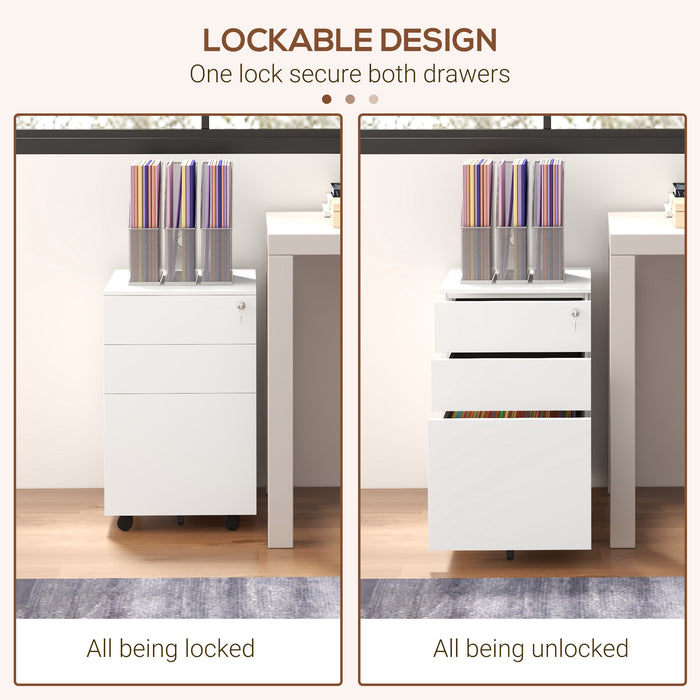 3-Drawer Vertical Filing Cabinet w/ Lock & Pencil Tray, Steel Mobile File Cabinet w/ Adjustable Hanging Bar for A4 & Letter Size, White