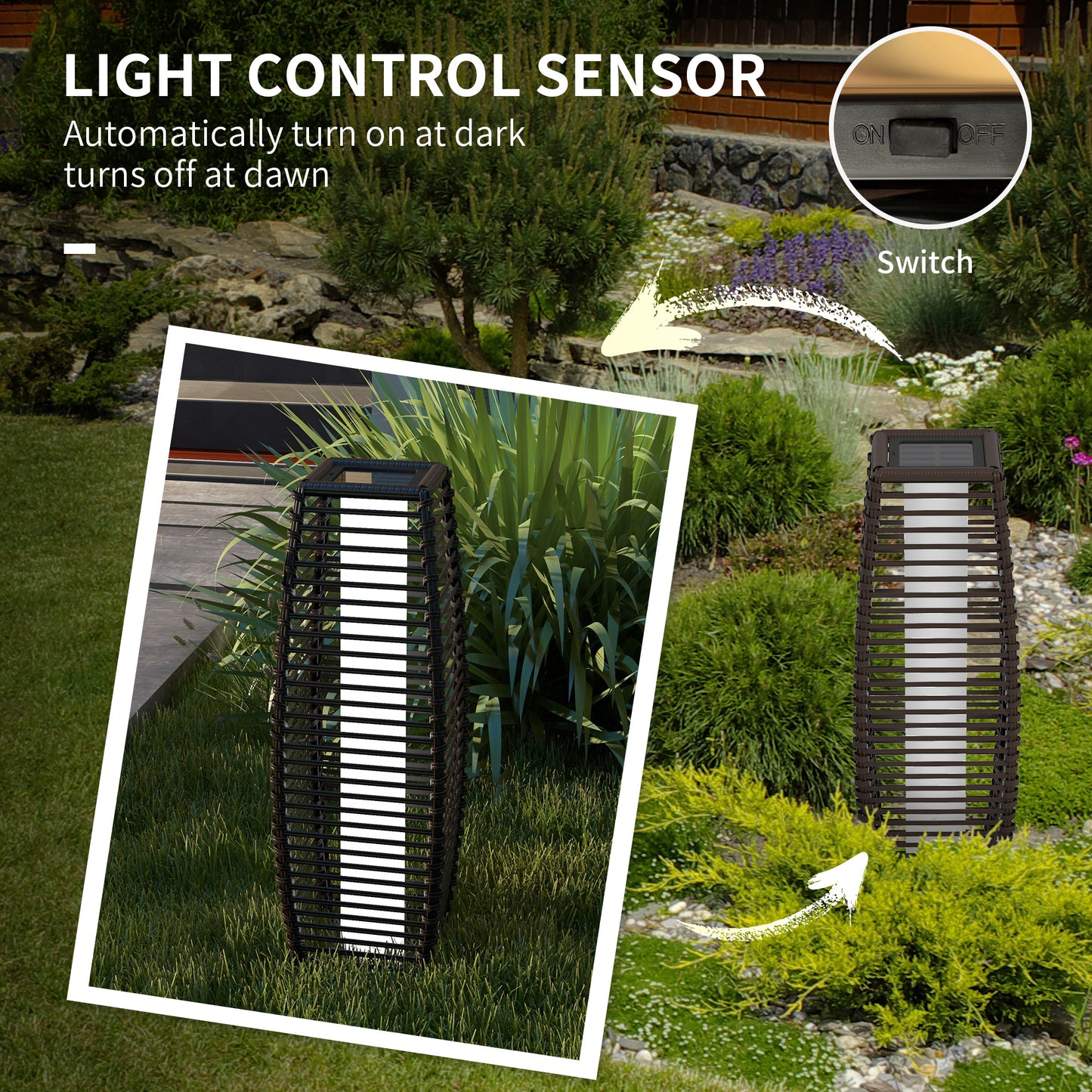 Solar Floor Lamp, Outdoor Garden Lantern Pathway & Decorative Lighting w/ Auto On/Off LED Lights, IP44, for Porch, Yard, Brown