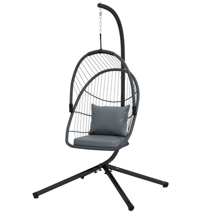 Outdoor PE Rattan Swing Chair with Cushion, Foldable Basket Patio Hanging Chair w/ Metal Stand, Rotation Spring Hook, Basket Height