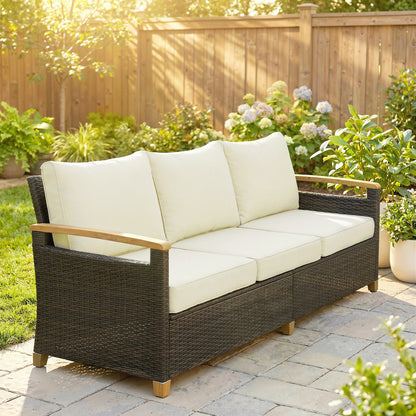 3 Seater Rattan Garden Sofa with Cushioned Wide Seats, Brown