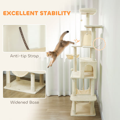 Cat Tree, 202cm Large Cat Tower for Indoor Kittens with 6 Scratching Posts, 2 Condos, 2 Perches, 2 Hammocks, Pompoms, Multi-Level Plush Kitty Activity Centre for Rest and Play, Beige