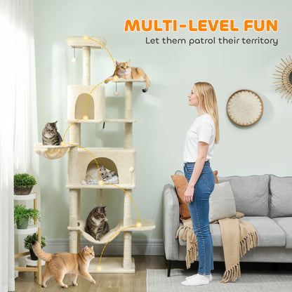 Cat Tree, 202cm Large Cat Tower for Indoor Kittens with 6 Scratching Posts, 2 Condos, 2 Perches, 2 Hammocks, Pompoms, Multi-Level Plush Kitty Activity Centre for Rest and Play, Beige