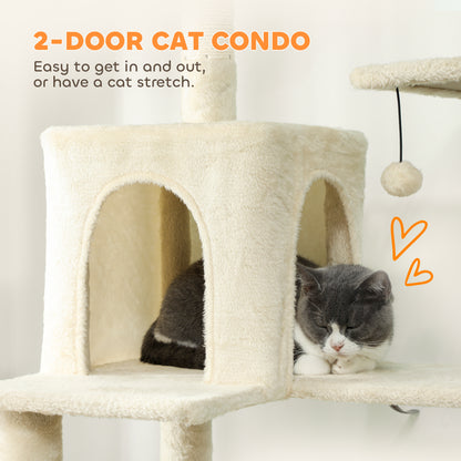Cat Tree, 202cm Large Cat Tower for Indoor Kittens with 6 Scratching Posts, 2 Condos, 2 Perches, 2 Hammocks, Pompoms, Multi-Level Plush Kitty Activity Centre for Rest and Play, Beige