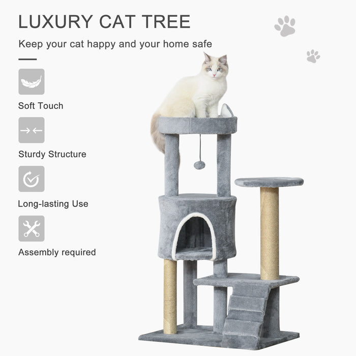 100cm Cat Tree Tower Condo Multi Platform Kitty Cat Center with Climbing Ladder Scratching Post Hanging Toy Ball, Light Grey