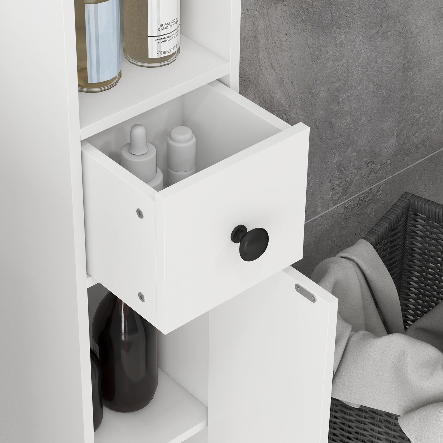 Slim Bathroom Cabinet, Toilet Roll Storage w/ Open Shelves, White