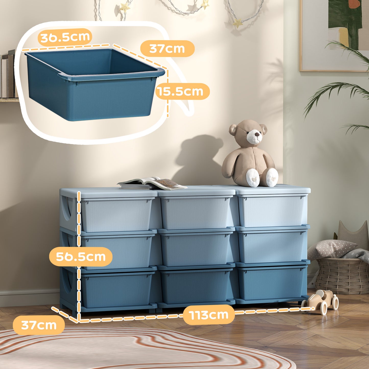 Kids Storage Units with Drawers 3 Tier Chest Dresser Tower Blue