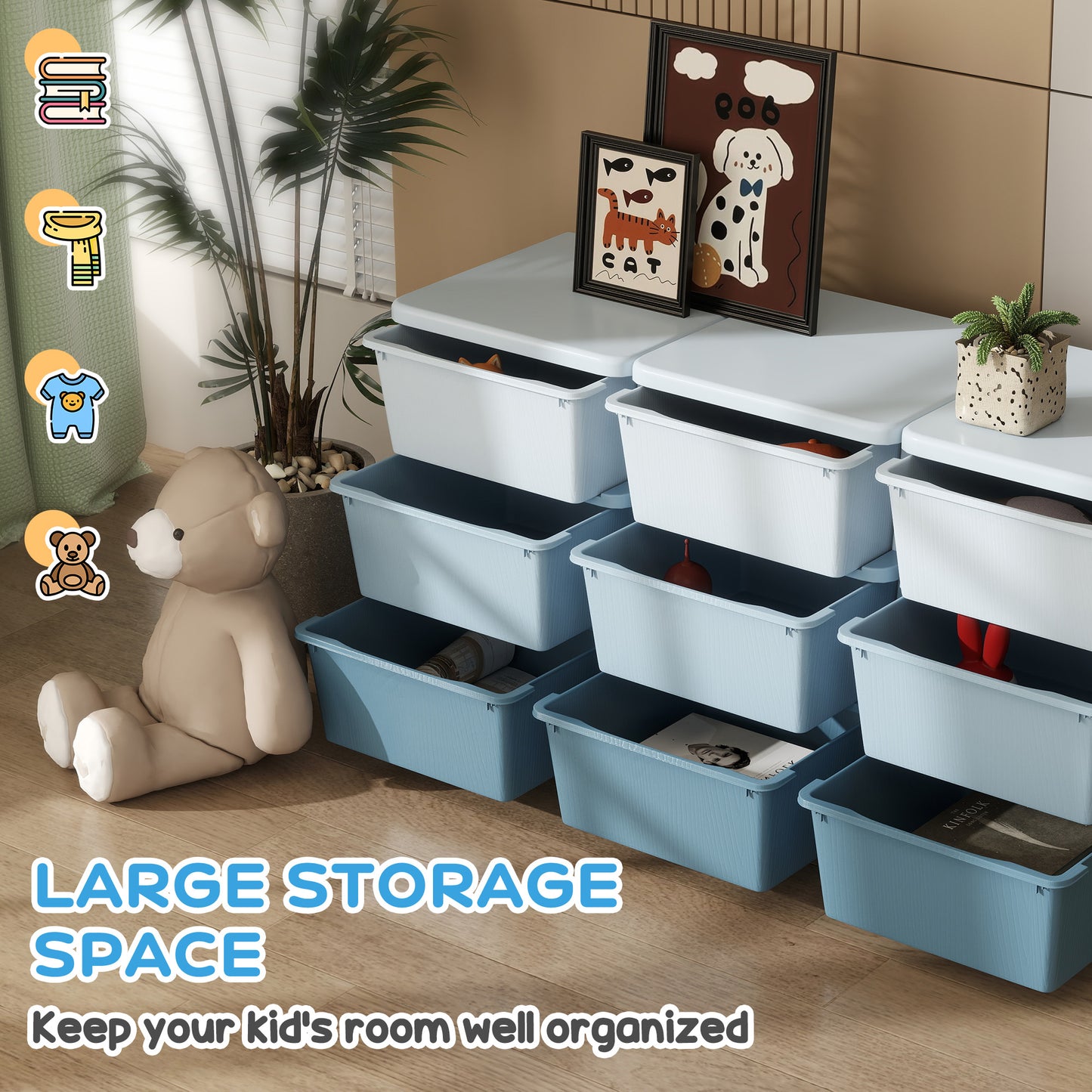 Kids Storage Units with Drawers 3 Tier Chest Dresser Tower Blue