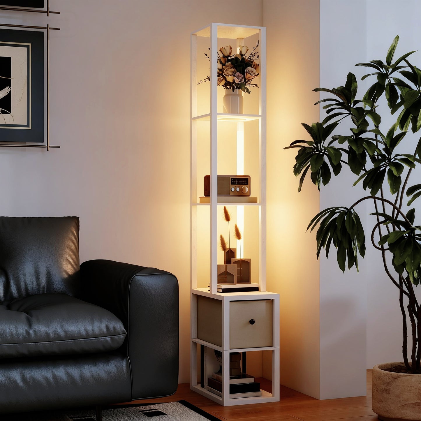 Floor Lamp with Shelves, LED Standing Lamp with Fabric Drawer, White