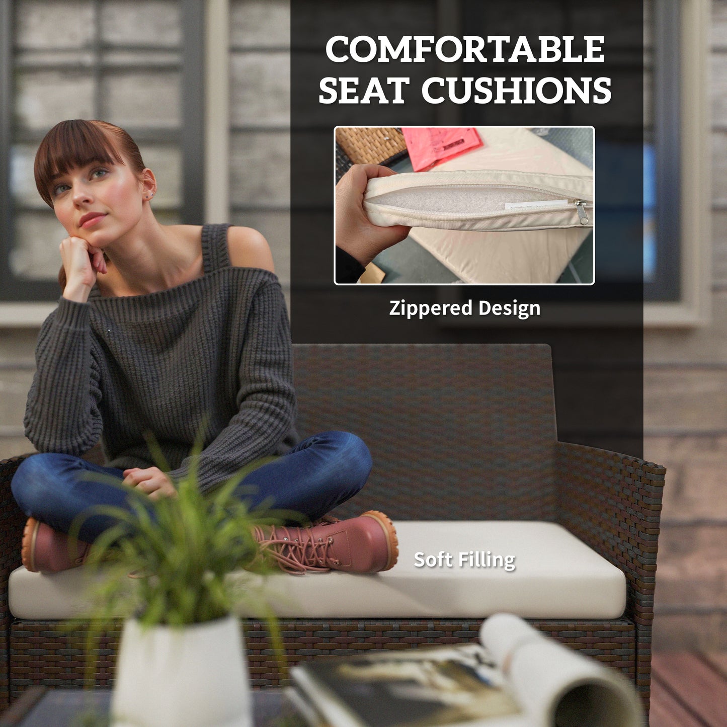 4 Piece Rattan Garden Furniture Sofa Set with Cushions, Brown