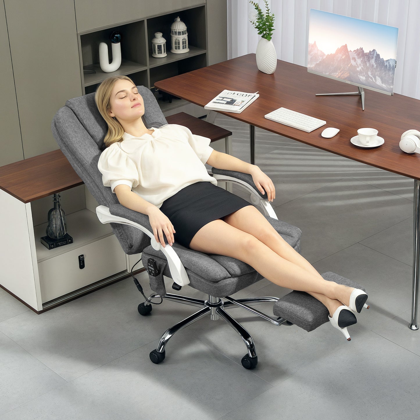 Office Chair with 6-point Massage and Heat, Fabric Computer Desk Chair with Reclining Backrest