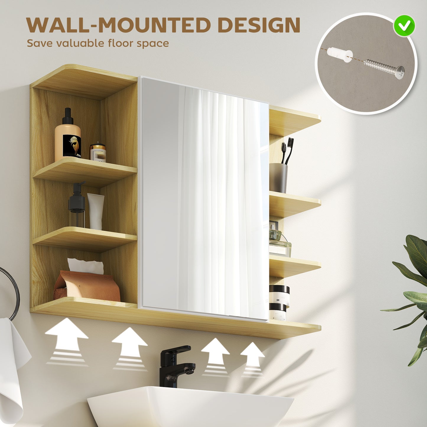 Bathroom Wall Cabinet with Mirror and Open Storage Shelves Natural