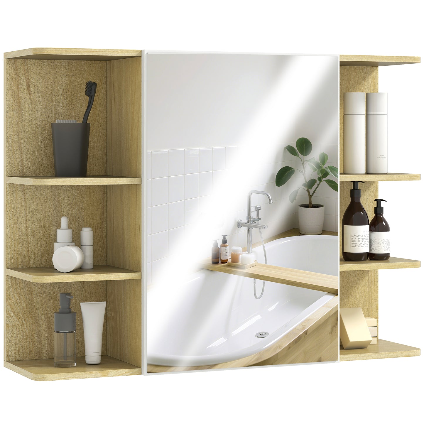 Bathroom Wall Cabinet with Mirror and Open Storage Shelves Natural