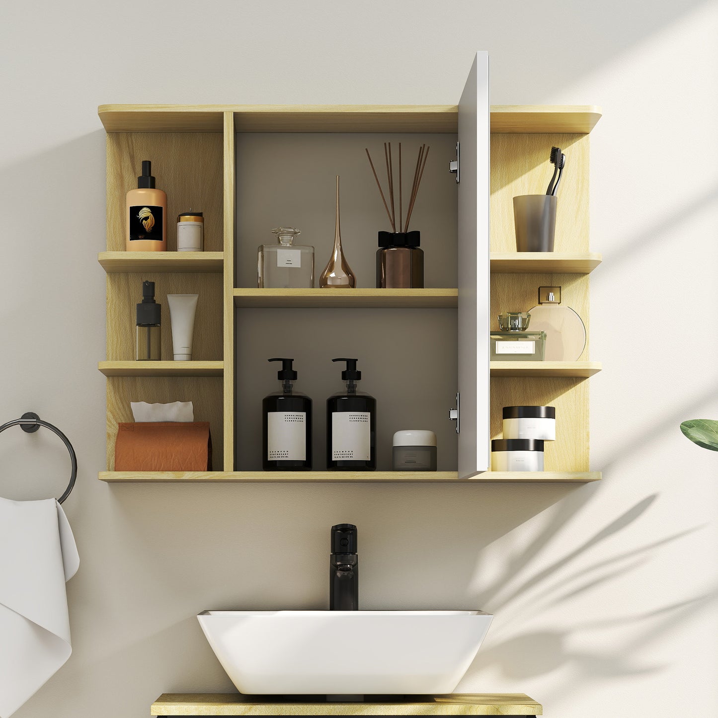 Bathroom Wall Cabinet with Mirror and Open Storage Shelves Natural