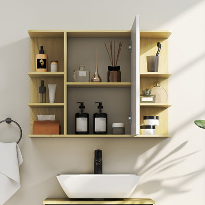 Bathroom Wall Cabinet with Mirror and Open Storage Shelves Natural