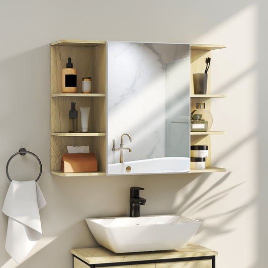 Bathroom Wall Cabinet with Mirror and Open Storage Shelves Natural