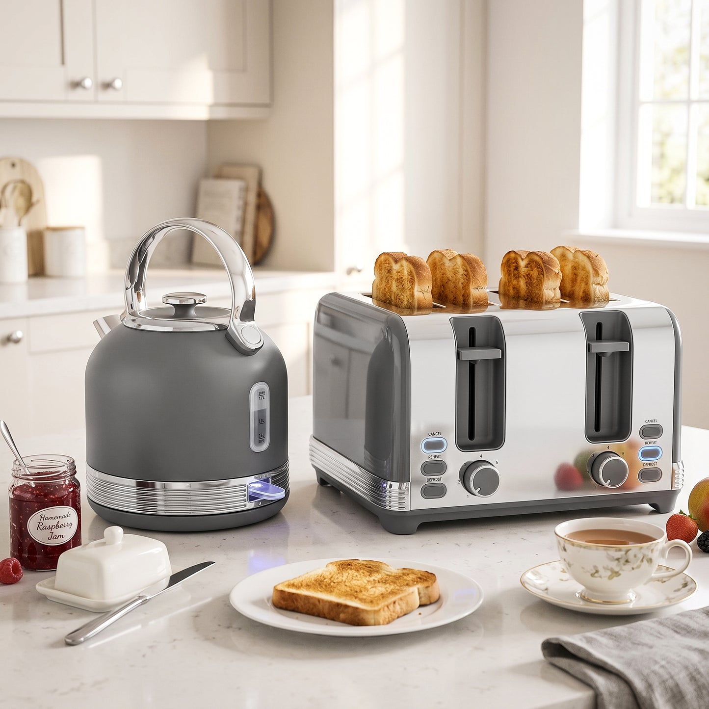 1.7L 3000W Fast Boil Electric Kettle and 4 Slice Toaster Set, Grey