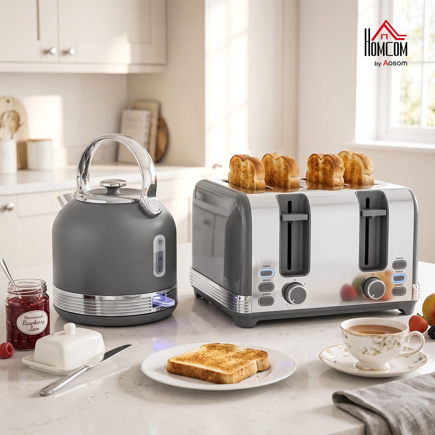 1.7L 3000W Fast Boil Electric Kettle and 4 Slice Toaster Set, Grey
