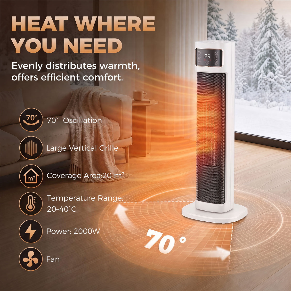2000W Oscillating Ceramic Tower Heater with Thermostat and Remote - White