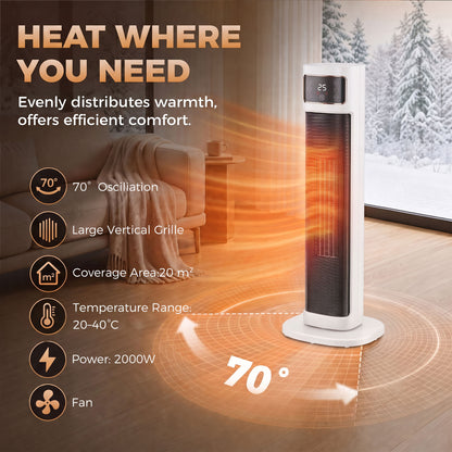 2000W Oscillating Ceramic Tower Heater with Thermostat and Remote - White