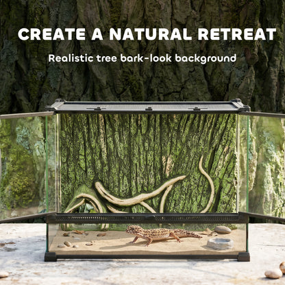 Reptile Glass Terrarium, Reptile Vivarium with Tree Bark Background, Front Ventilation, Escape-Proof Knob Lock, Glass Enclosure for Lizards, Horned Frogs, Snakes, 50 x 30 x 35 cm, Black
