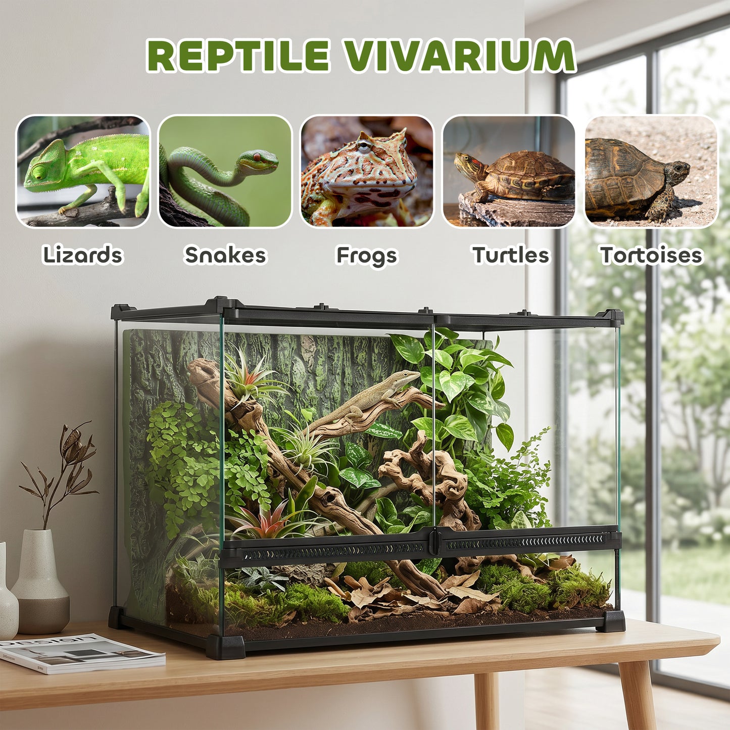 Reptile Glass Terrarium, Reptile Vivarium with Tree Bark Background, Front Ventilation, Escape-Proof Knob Lock, Glass Enclosure for Lizards, Horned Frogs, Snakes, 50 x 30 x 35 cm, Black